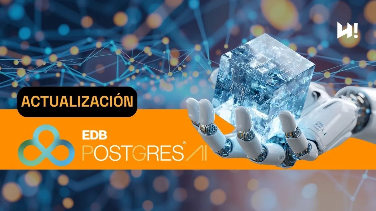 Actualización EDB Postgres AI con mano robótica y cubo