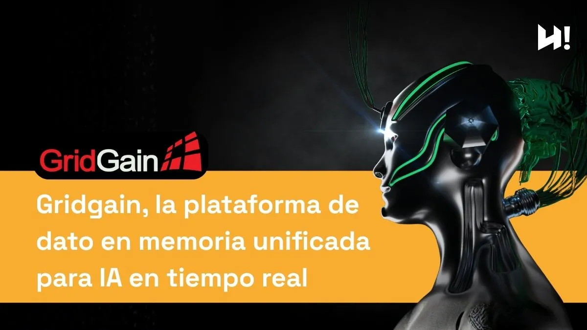 Rostro robótico y título GridGain para IA en tiempo real