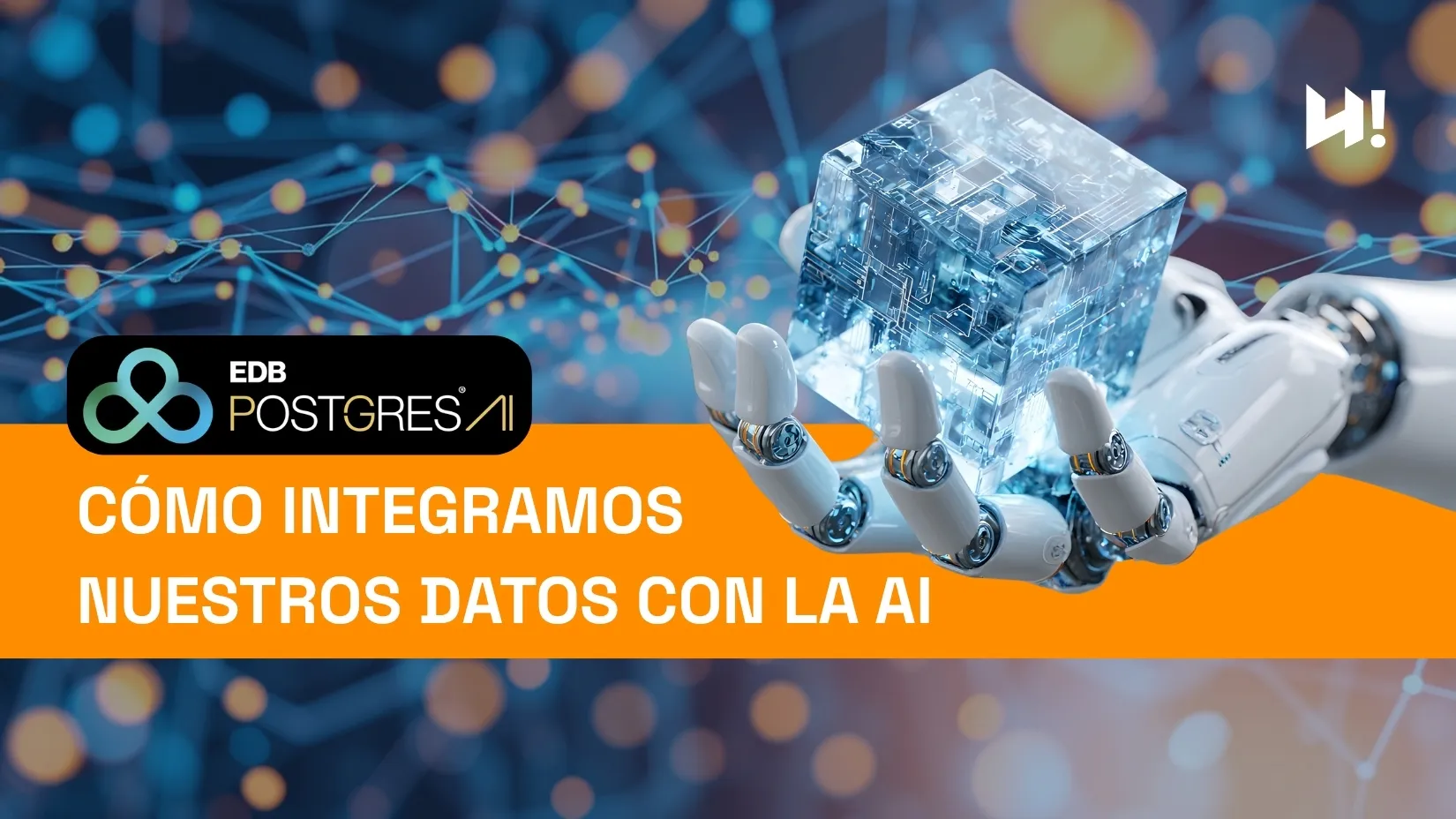 Actualización EDB Postgres AI con mano robótica y cubo